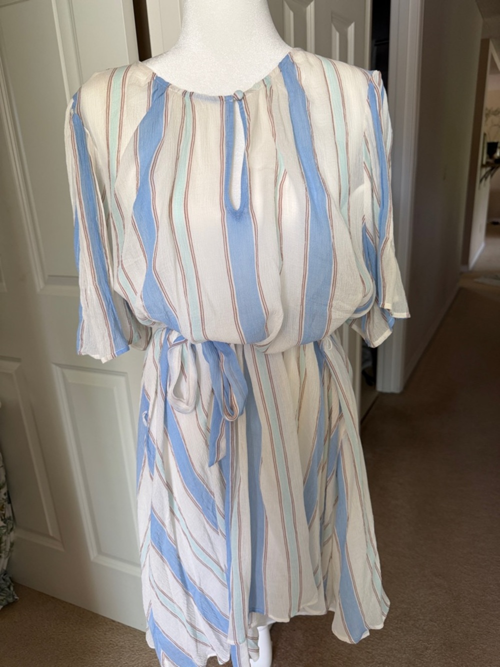 LOFT Blue and Cream Striped Tie-Waist Mini Dress